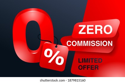 0 percents red banner - zero commission special offer layout template with cracked 3D zero digit and red background - vector promo limited offers flyer