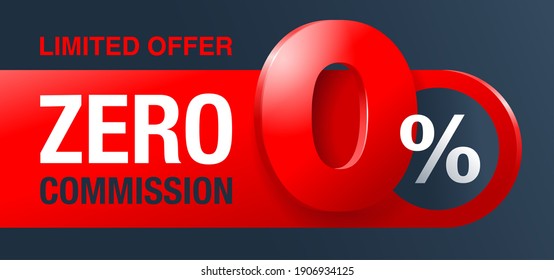 0 percents red banner - zero commission special offer template with 3D zero digit and red background - vector promo limited offers flyer