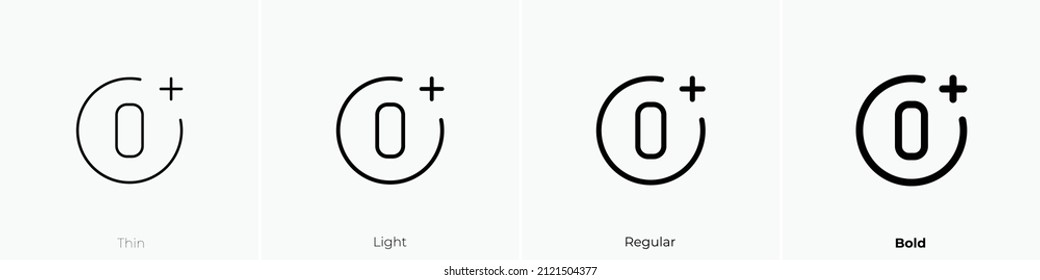 0 plus icon. Thin, Light Regular And Bold style design isolated on white background