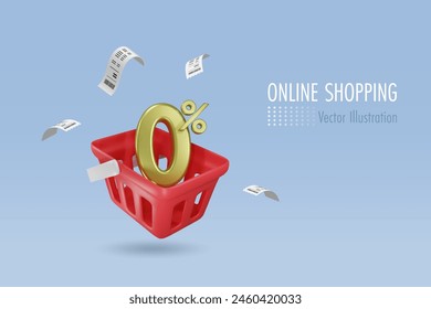 0% in shopping basket with bill receipt. Online shopping with zero percent interest fee financial payment. Grocery marketing, E commerce. 3D vector.