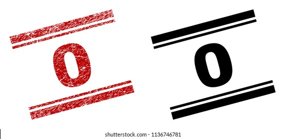 0 stamp seal print with red corroded and clean black version. Red vector rubber print of 0 caption with corroded texture. Tags are placed between double parallel lines.