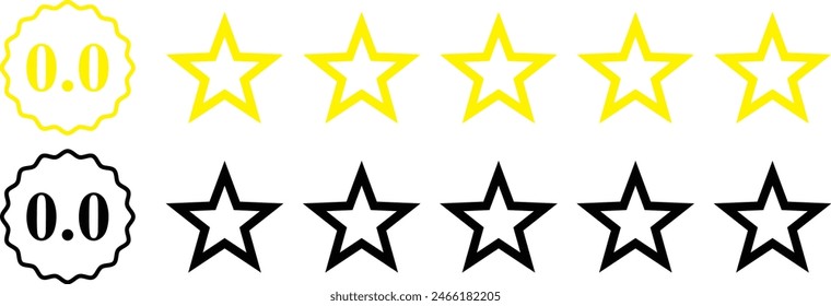0 star rating, rate us, review vector icon set isolated on white background. icons for game, rating, ui, feedback, website.  Product rating or customer review with gold n black full and half star 