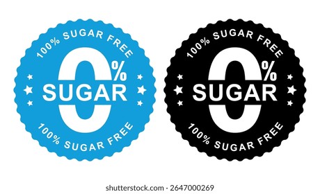 0% de etiquetas de crachá sem açúcar em azul e preto design circular para alimentos saudáveis ou embalagem de produtos dietéticos	
