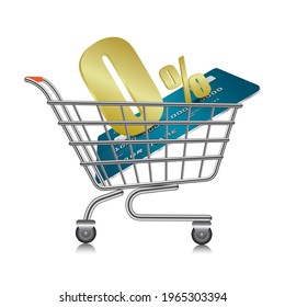 0% text and creditcart in shopping cart and shopping cart on white background,vector 3d isolated for financial business concept design