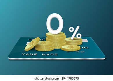 0% text and gold coins 3d is placed on the bank credit card For advertising promotion,vector financial concept design,Promotional materials for free fees.