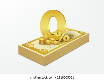 0% de texto con monedas de oro colocadas en billetes de oro amarillos para publicidad en medios de comunicación sobre diversas reducciones de comisiones para el diseño de conceptos empresariales y financieros, vector 3d aislado en bacalao blanco