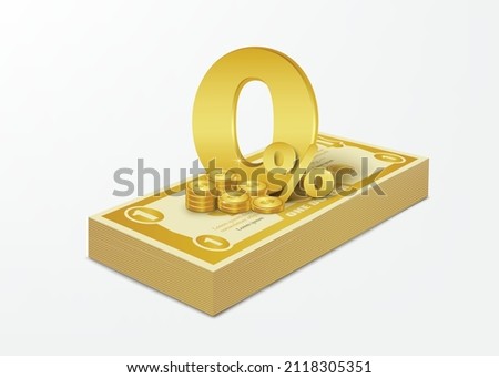 0% text with gold coins placed on yellow gold banknotes for advertising media about various fee reductions for business and finacial concept design,vector 3d isolated on white bacground