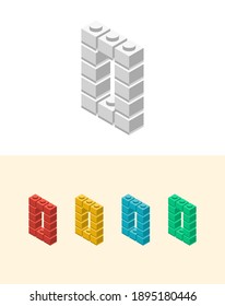 0 vector number with colourful plastic toy brick, isolated isometric 3d childish block font. Perfect for kids labels, birthday and kindergarten posters, school style, children magazines etc.