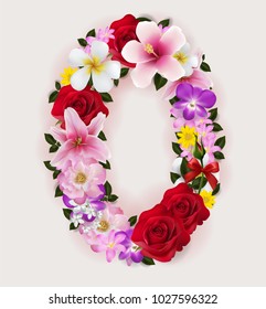0, vector number font with realistic of beautiful tropical flowers on background color.