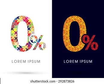 0%, Zero Percent, Number, Font, designed using Jigsaw puzzle pattern, graphic vector.