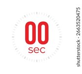 0 or zero second timer, clock, stopwatch, time, countdown timer, cooking time icon. Red color dial representing time measurement, progress, deadline, chronometer, alarm, kitchen timer label.