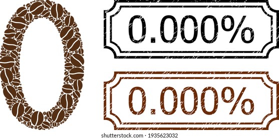 0.000 Percents Distress Badges with Notches and Zero Digit Mosaic of Coffee Seeds