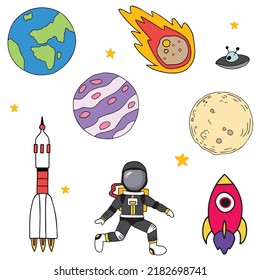 00071 Hand drawn space elements cartoon doodle. Vector illustration with space rockets, planets, stars.