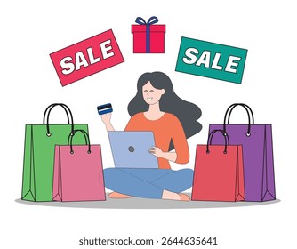 001.007.010.Mulher fazendo compras on-line com descontos e vendas, cercada por ofertas promocionais