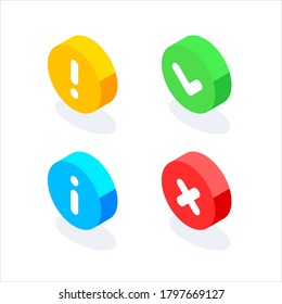 0015 Check, info, cross, warning icons. 3d vector colorful illustration. Pictogram isolated on white background