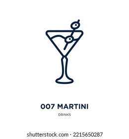 Icono martini 007 de la colección de bebidas. Martini lineal delgado 007, martini, icono de contorno de alcohol aislado en fondo blanco. Señal martini del vector de línea 007, símbolo para web y móvil