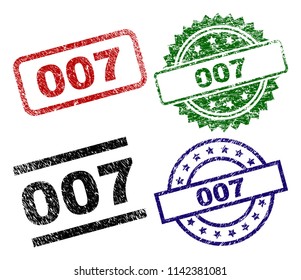 007 seal prints with corroded texture. Black, green,red,blue vector rubber prints of 007 text with dust texture. Rubber seals with round, rectangle, medallion shapes.