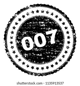 007 stamp seal watermark with distress style. Black vector rubber print of 007 title with grunge texture. Rubber seal imitation has round shape and contains stars.