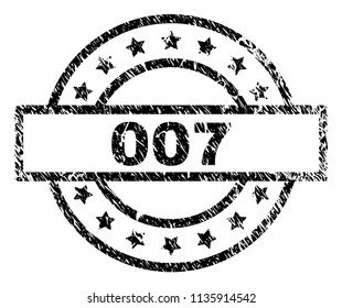 007 stamp seal watermark with distress style. Designed with rectangle, circles and stars. Black vector rubber print of 007 title with dust texture.