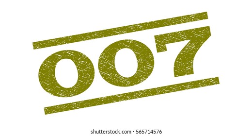 007 watermark stamp. Text caption between parallel lines with grunge design style. Rubber seal stamp with scratched texture. Vector olive color ink imprint on a white background.