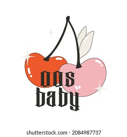 00s baby vector lettering quote and cute cherry isolated on white background. Modern vector illustration Y2k. Nostalgia for the 2000 years. Perfect print for tsirt