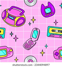 00s pink seamless pattern of electronic elements in flat cartoon style. Tape recorder, CD, cassette, game console, mobile phone, Japanese toy.