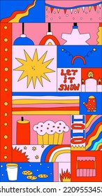 00s template for social media.1970 psychedelic christmas poster.Acid art and trippy art placard.90s and 2000s new year postcard.2000s template for stories.Groove and funky collage art.Abstract holiday