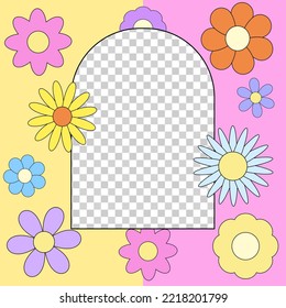 00s vertical template for social media. A bright frame in flowers in the style of y2k with a transparent frame under the photo. Template for 2000s stories.	
