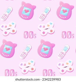 00s, y2k seamless pattern, tomagotchi, phone, cosmetics 