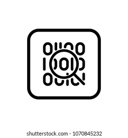 01 or binary code stream through magnifying glass line vector icon. Web site outline illustration.