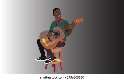 01 Black youth musician sited on the stool with the guitar on the black and white back ground