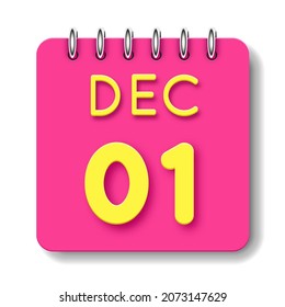 01 day of the month. 1 december. Cute calendar daily icon. Date day week Sunday, Monday, Tuesday, Wednesday, Thursday, Friday, Saturday.