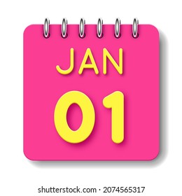 01 day of the month. 1 January. Cute calendar daily icon. Date day week Sunday, Monday, Tuesday, Wednesday, Thursday, Friday, Saturday.