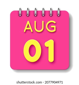 01 day of the month. 01 August. Cute calendar daily icon. Date day week Sunday, Monday, Tuesday, Wednesday, Thursday, Friday, Saturday.