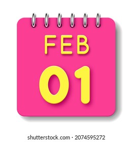 01 day of the month. 01 February. Cute calendar daily icon. Date day week Sunday, Monday, Tuesday, Wednesday, Thursday, Friday, Saturday.