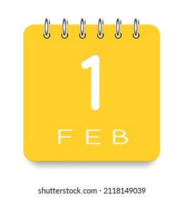 01 day of the month. February. Cute yellow calendar daily icon. Date day week Sunday, Monday, Tuesday, Wednesday, Thursday, Friday, Saturday. Cut paper. White background. Vector illustration.