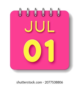 01 day of the month. 01 Jule. Cute calendar daily icon. Date day week Sunday, Monday, Tuesday, Wednesday, Thursday, Friday, Saturday.