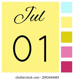 01 day of the month. July. Cute calendar daily icon. Date day week Sunday, Monday, Tuesday, Wednesday, Thursday, Friday, Saturday.