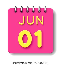 01 day of the month. 01 June. Cute calendar daily icon. Date day week Sunday, Monday, Tuesday, Wednesday, Thursday, Friday, Saturday.