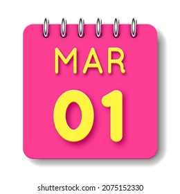 01 day of the month. 01 March. Cute calendar daily icon. Date day week Sunday, Monday, Tuesday, Wednesday, Thursday, Friday, Saturday.