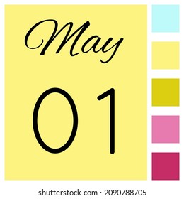 01 day of the month. May. Cute calendar daily icon. Date day week Sunday, Monday, Tuesday, Wednesday, Thursday, Friday, Saturday.