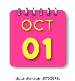 01 day of the month. 01 October. Cute calendar daily icon. Date day week Sunday, Monday, Tuesday, Wednesday, Thursday, Friday, Saturday.