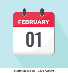 01 February Daily Calendar Icon 3d style red and white with light blue background
