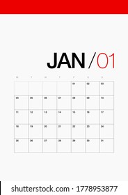 01- January - Calendar 2021 Year, Minimal Planner 2021. Printable Paper Calendar 2021. Event Reminder. Calendar Grid Isolated. Office Desk Simple Calendar 2021 Design Vector Template.