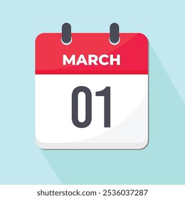 01 March Daily Calendar Icon 3d style red and white with light blue background 