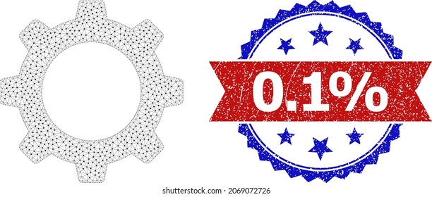 0.1 part corroded seal imitation, and cogwheel icon mesh model. Red and blue bicolor stamp seal has 0.1 part caption inside ribbon and rosette. Abstract 2d mesh cogwheel, designed with flat mesh.