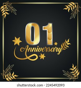 01 years old luxurious logo. anniversary year of vector gold colored template framed of palms.
