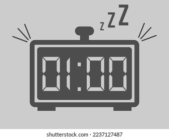 01:00 hours digital alarm clock. Vector with alarm clock marking time. Design for telling time with sleep icon