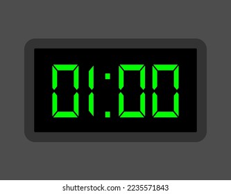 01:00 hours digital clock. Alarm clock design for schedule. Timer icon with digital numbers for appointments and business