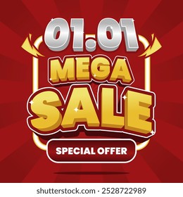 01.01 Mega Sale banner with bold 3D text on a vibrant red background. Featuring 'Special Offer' and eye-catching elements, perfect for promoting your big discount event.